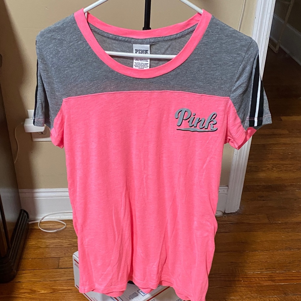 PINK Victoria's Secret Neon Pink and Gray Short Sleeve Tee